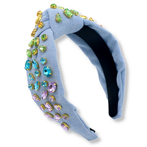 Denim Headband with Rainbow Gradient Hand-Sewn Crystals