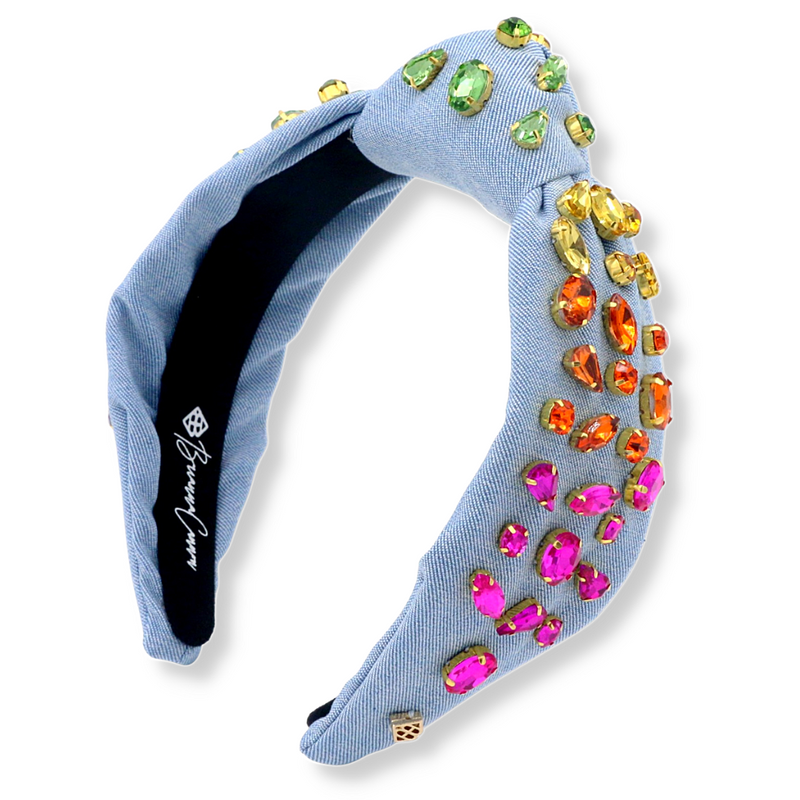 Denim knotted headband store with rainbow stones