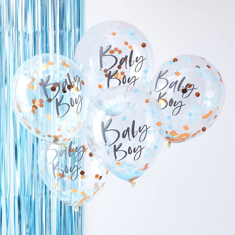 Blue and Rose Gold Baby Boy Confetti Balloons